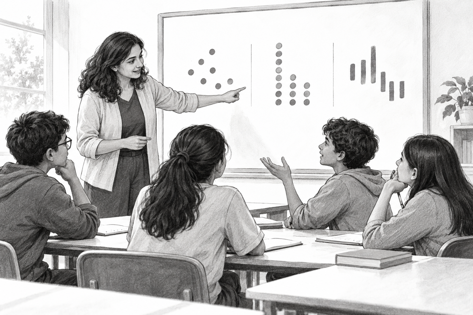 Teacher points to different response patterns on a board as students discuss their thinking.