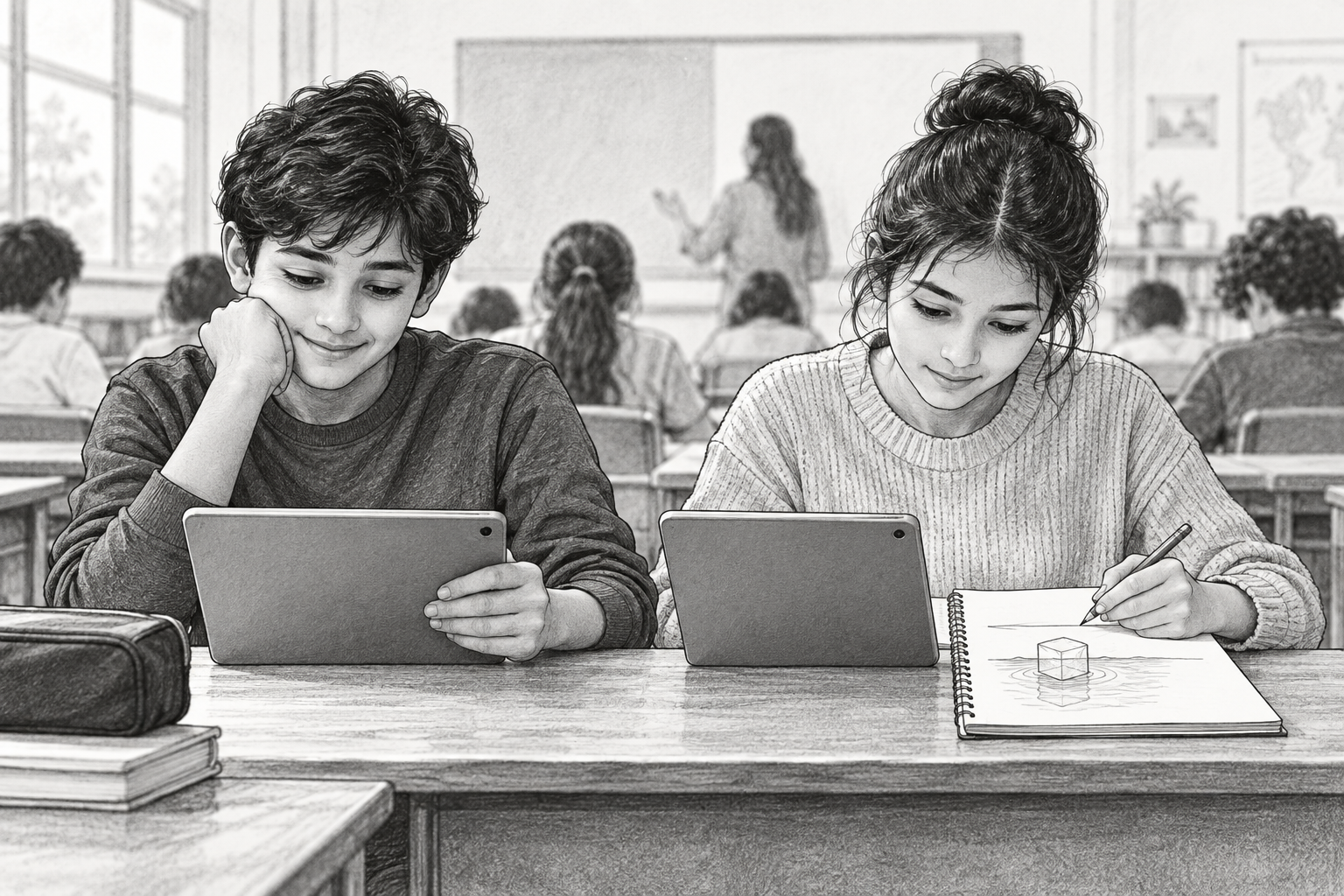 Two students answer on tablets; one also sketches an ice cube floating in water in a notebook.