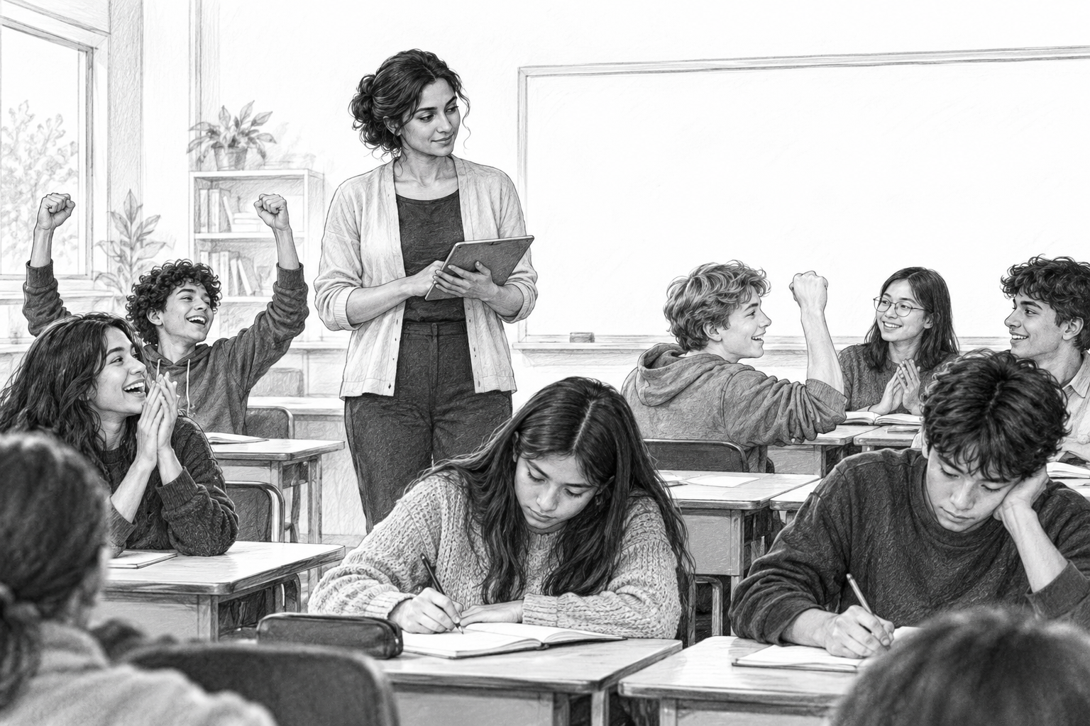 Teacher holding a tablet watches a classroom where some students celebrate and others continue writing.